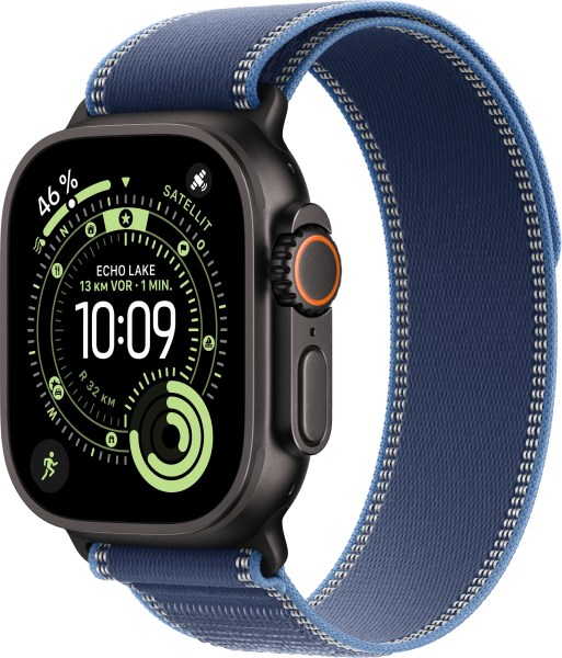 Apple Watch Ultra 3 Titanium Cellular 49mm Trail Loop Schwarz Blau/Hellblau S/M
